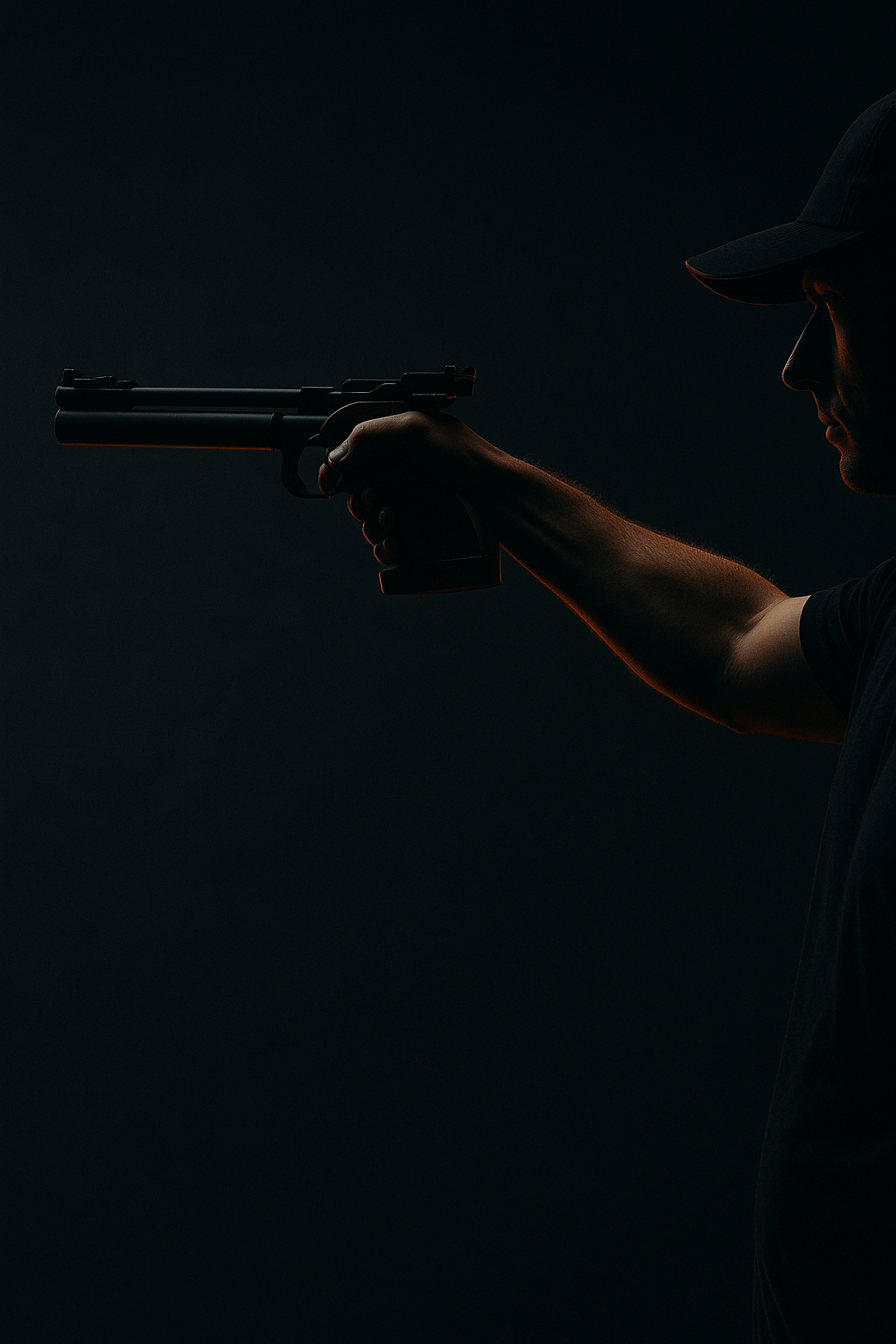 A shooter's outstretched arm holding a match air pistol, rim-lit against the dark