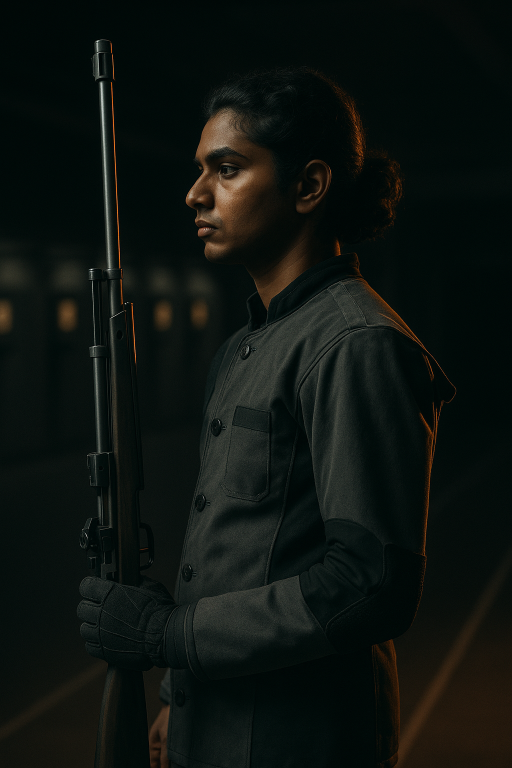 An athlete in a canvas shooting jacket holding a match air rifle at rest