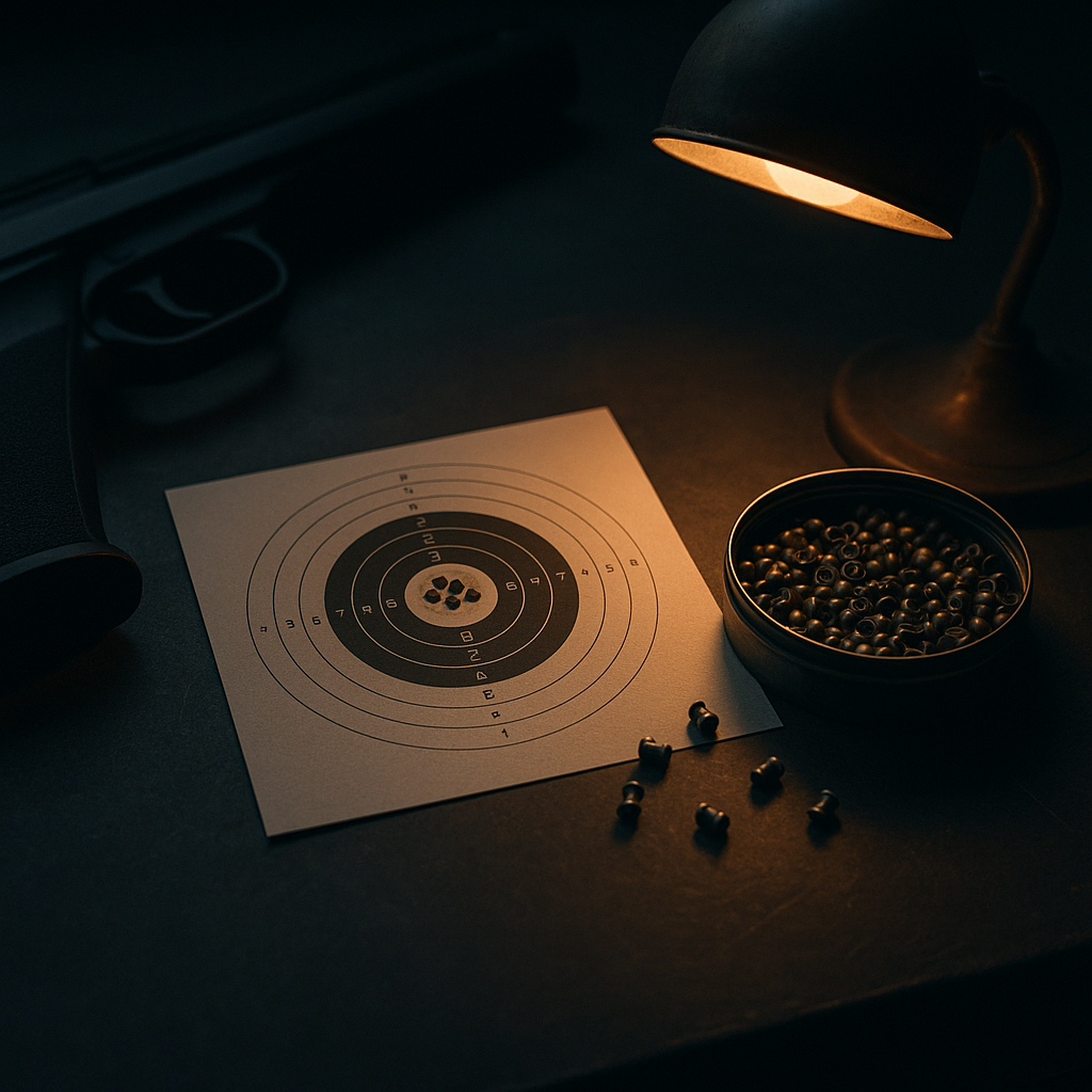 A paper target card with a tight pellet group beside a tin of match pellets
